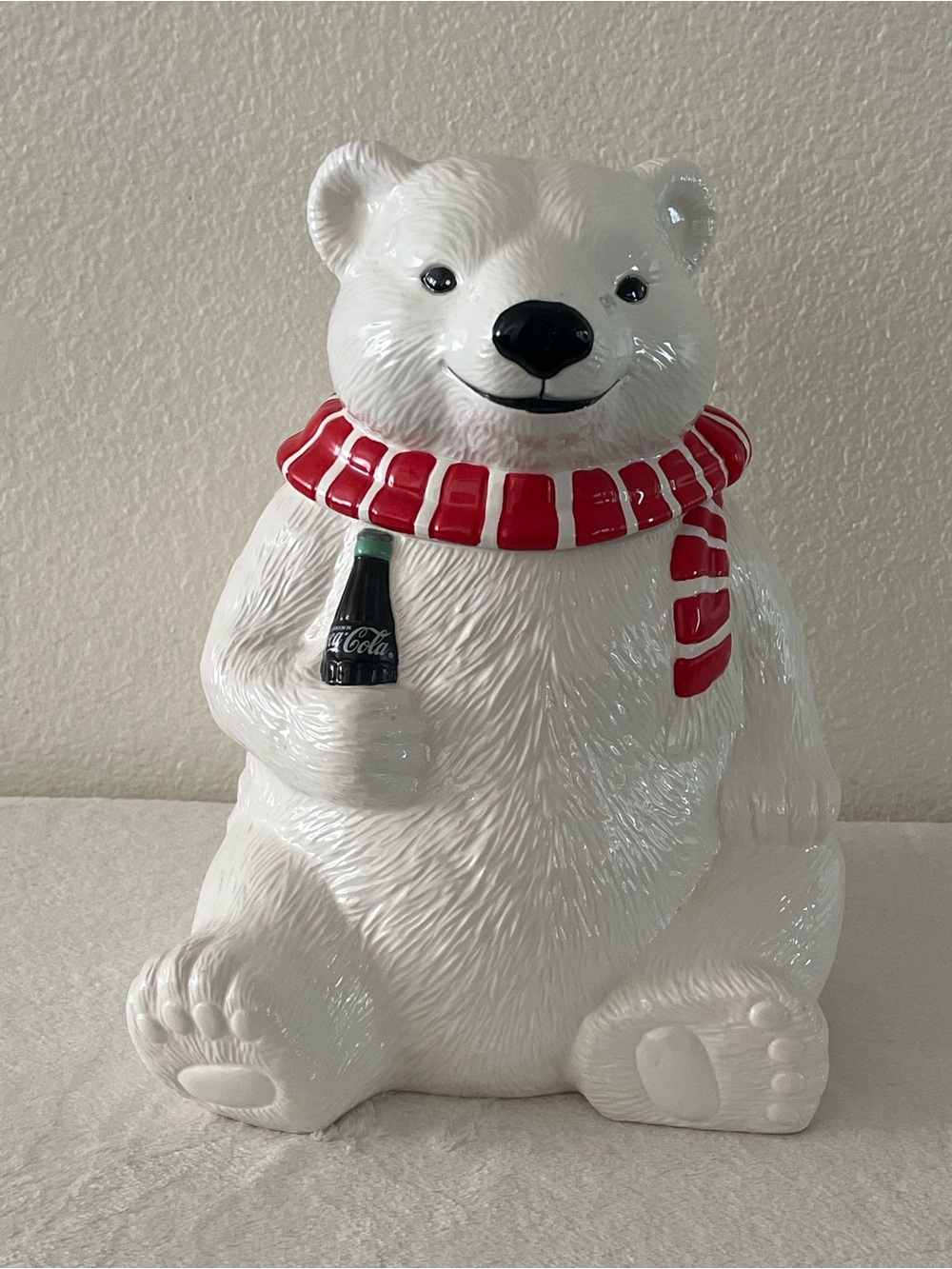 Coca Cola Vintage White Polar Bear Cookie Jar with Red Scarf and Mini Bottle